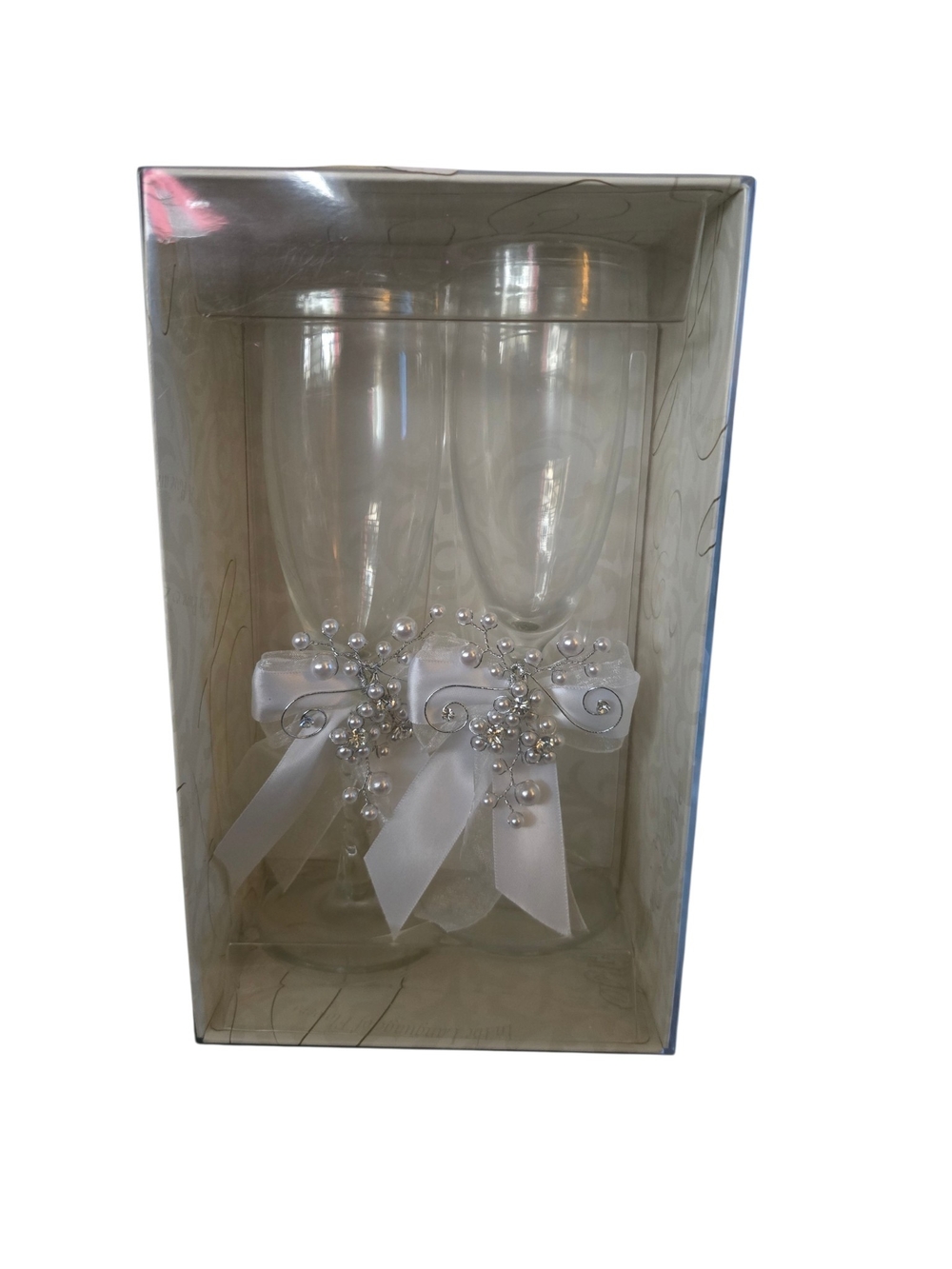 Elegant Wedding White Pearl Ribbon Toasting Flutes